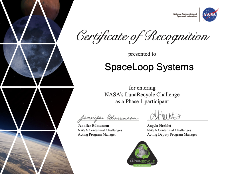 NASA certificate recognizing SpaceLoop Systems participation